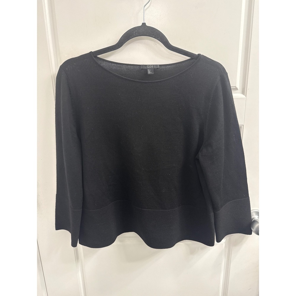 COS Women Black 100% Wool Boat Neck Sweater 3/4 Sleeve Ribbed Hem Size S